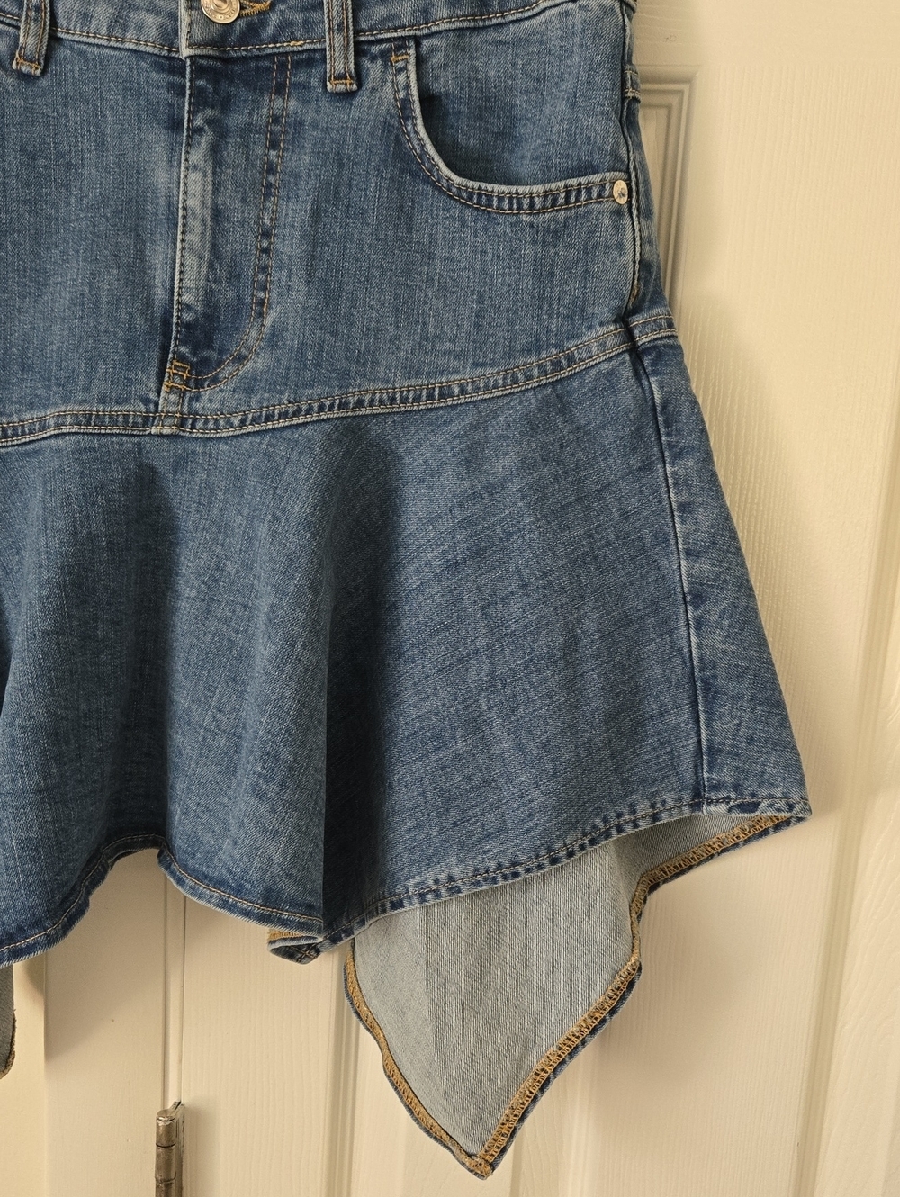 Free People Alara Midi Skirt Denim Jean Western Boho Asymmetrical Size 6 - Picture 4 of 15